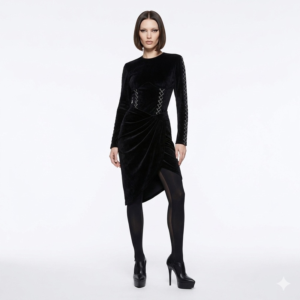Mugler Vintage Black Velvet Top M Shirt Faux Corset Long Sleeve Goth Whimsigoth - Picture 13 of 13